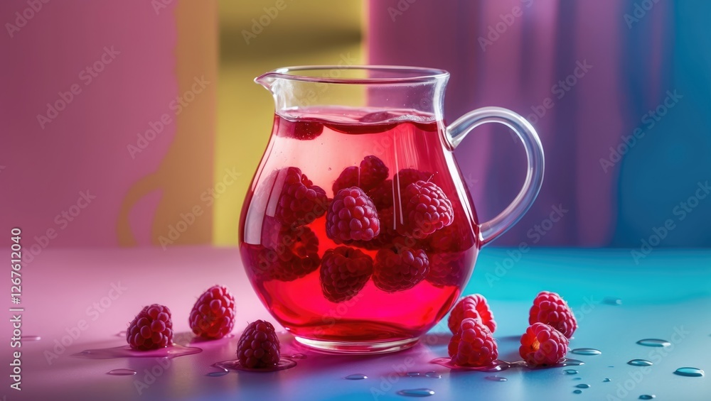 Poster refreshing jug of cold raspberry tea with fresh berries on vibrant color background and copy space f