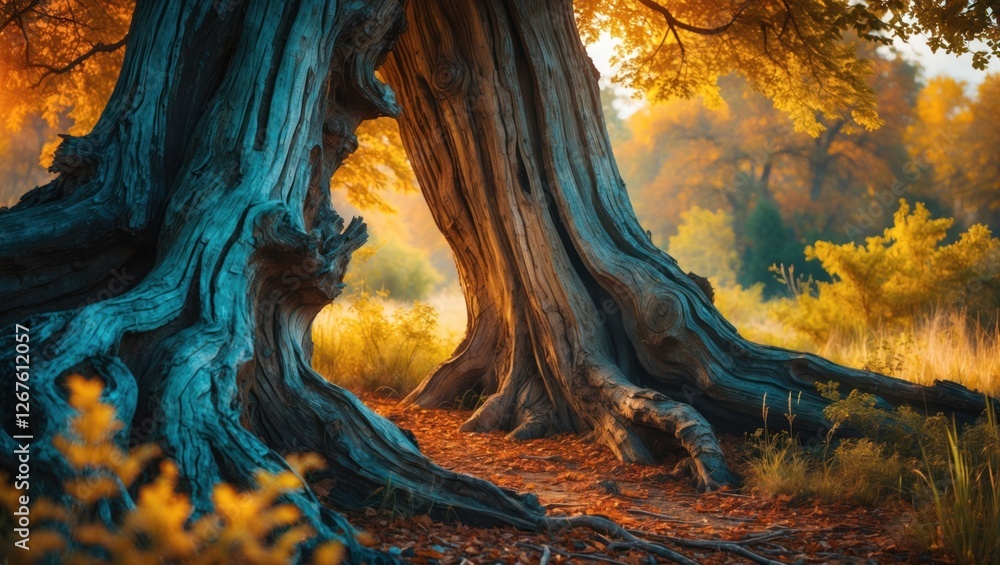 Poster ancient tree trunk with intricate wood texture surrounded by autumn foliage in a serene natural sett
