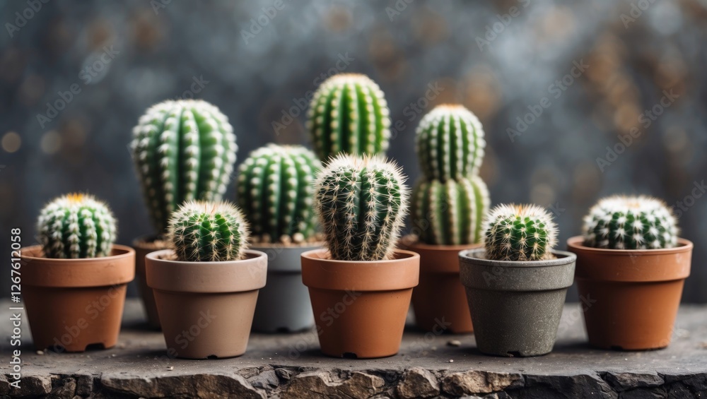 Aufkleber group of small cacti in stylish pots arranged on a textured surface with ample blank space for your 
