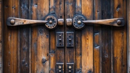 Fototapeta premium Intricately designed large wooden door featuring decorative wooden bolts and rustic accents for architectural and design inspiration.