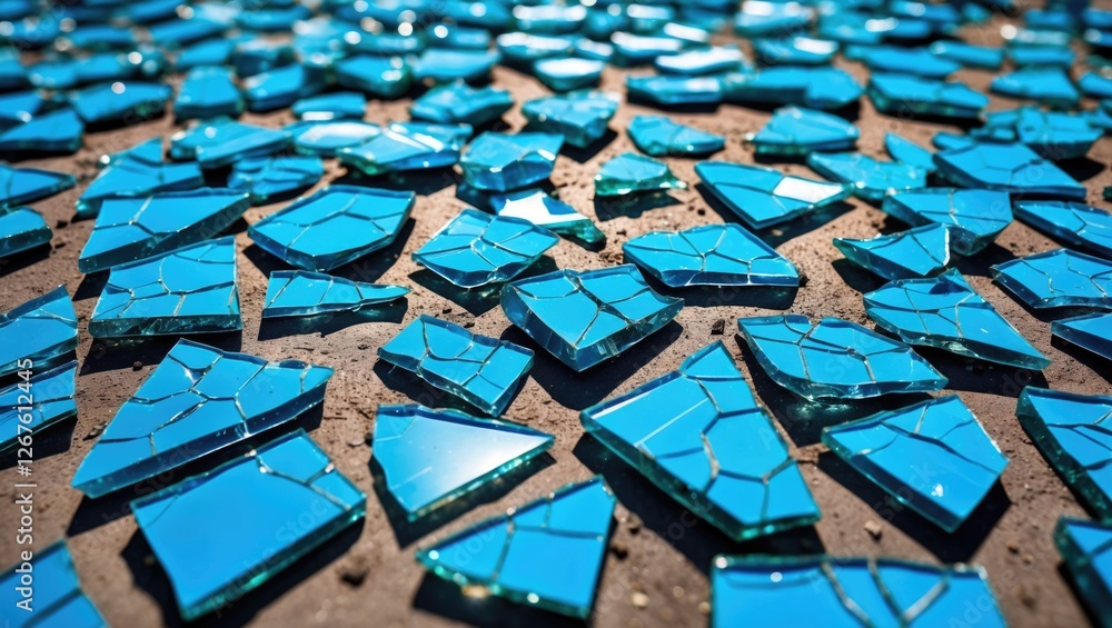 Poster scattered shards of broken blue glass creating a vibrant and dynamic textured surface on the ground 