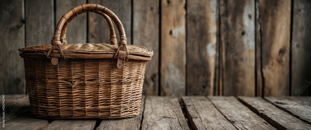 Poster wicker basket resting on wooden surface with rustic background and space for text or branding elemen