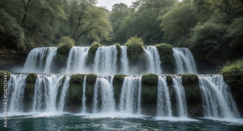 Poster majestic cascading waterfalls in a serene natural setting with lush greenery and tranquil water crea