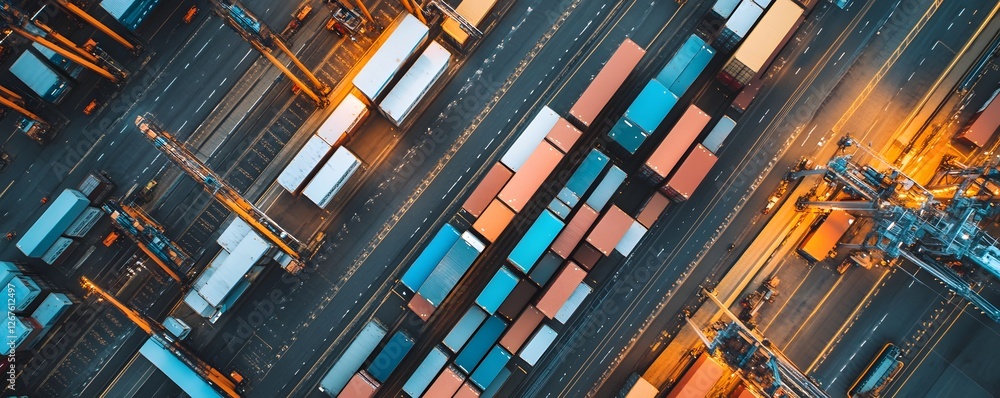 Poster aerial view of a busy shipping port with containers stacked neatly