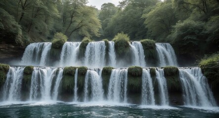 Fototapeta premium Majestic cascading waterfalls in a serene natural setting with lush greenery and tranquil water creating a peaceful atmosphere for text placement.