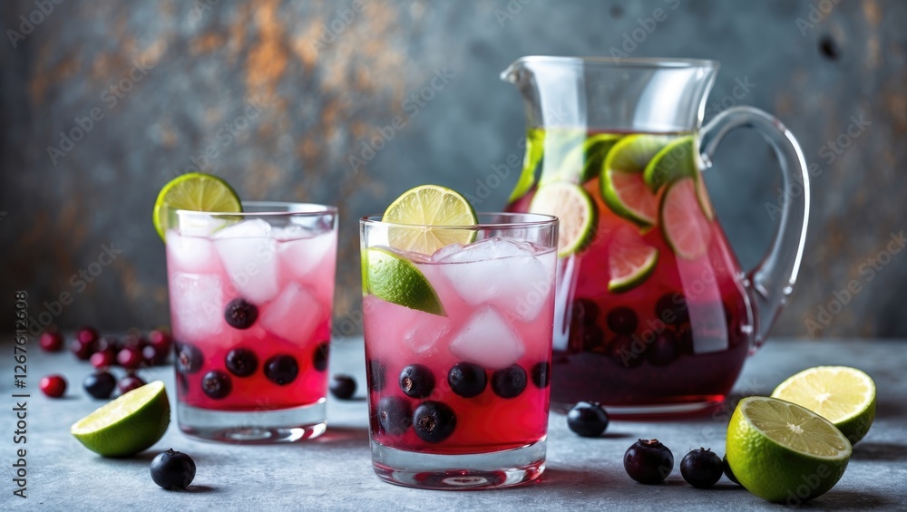 Poster Refreshing Lingonberry Limeade Served In Glasses With Ice And Slices Of Lime Next To A Pitcher On A Rustic Background