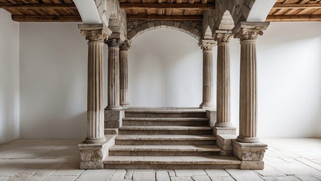 Medieval stone columns supporting a staircase entrance in a classic architectural interior with a minimalist backdrop. - Powered by Adobe