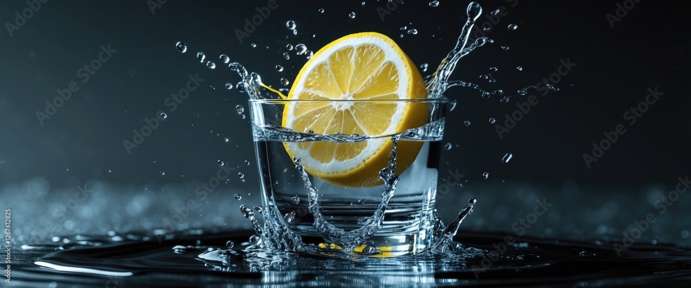 Poster lemon slice splashing into clear glass of water creating dynamic water droplets with dark gradient b