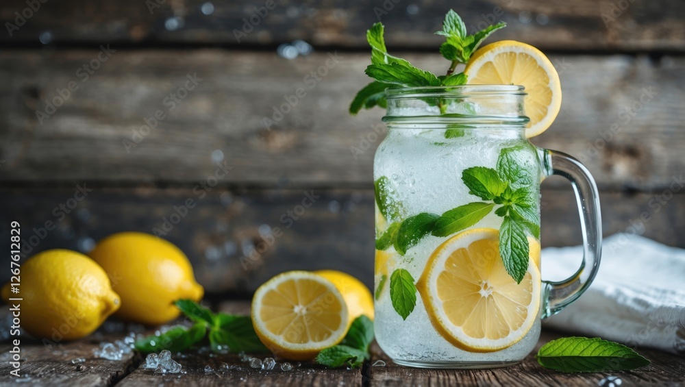Aufkleber refreshing lemonade with mint and lemon slices in a jar on rustic wooden background with fresh lemon