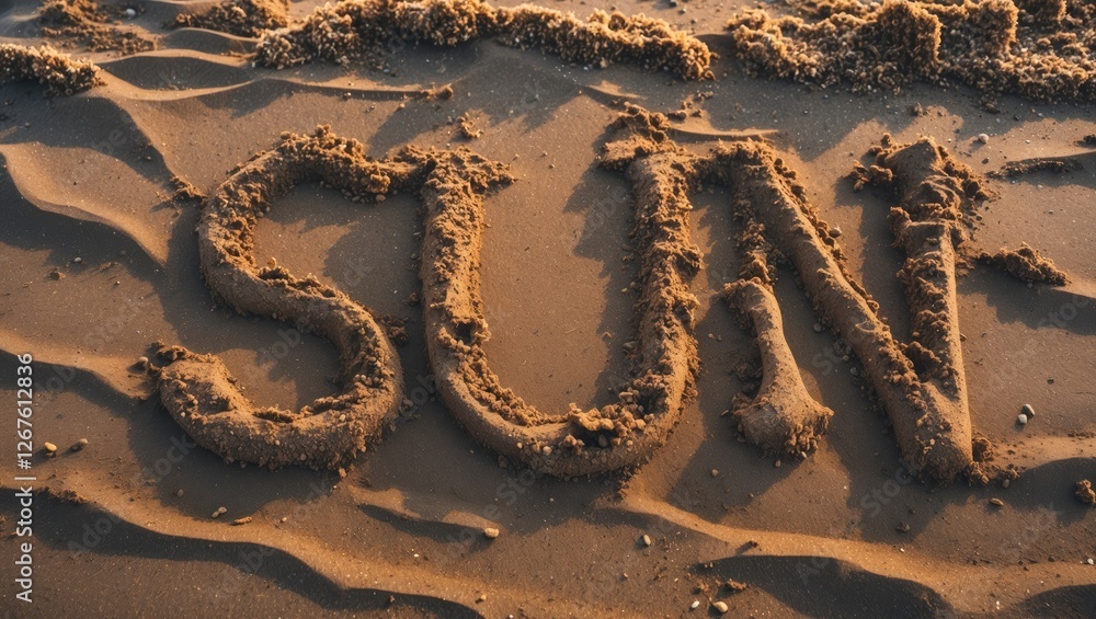 Aufkleber handwritten word sun in brown sand on the beach with soft textures and clear empty space for text or
