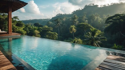 Fototapeta premium Luxury Infinity Pool Overlooking Lush Jungle Retreat Ideal for Travel and Tourism Leisure Getaways and Relaxation Experiences