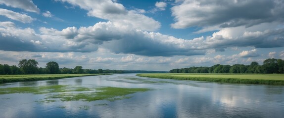Serene Flood Plain Landscape with Cloudy Sky Reflecting on River in Summer Nature Setting Ideal for Text Overlay and Scenic Views