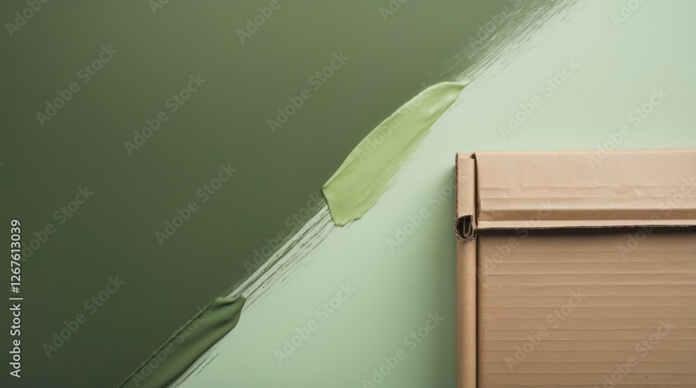 Poster mixed green paint strokes on a textured cardboard box with a minimalistic design, highlighting eco-f