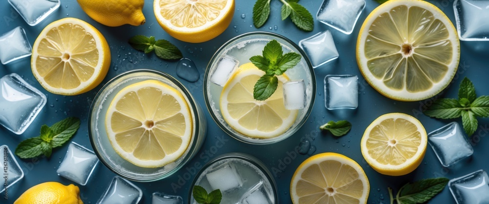 Poster Refreshing Summer Lemonade Arrangement With Lemon Slices Fresh Mint And Ice Cubes Top View With Space For Text Or Design Elements
