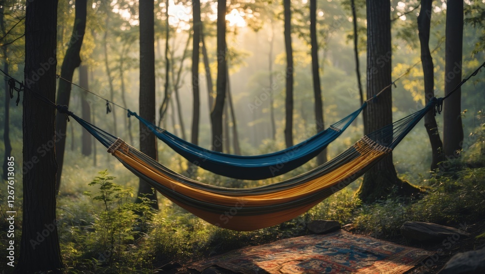 Poster hammocks relaxing in serene forest setting with soft morning light filtered through trees