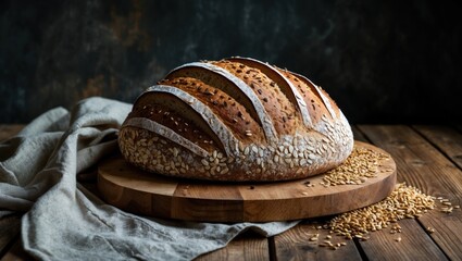 Artisan multigrain boule bread on a wooden board with scattered grains and a textured dark background showcasing bakery craftsmanship.