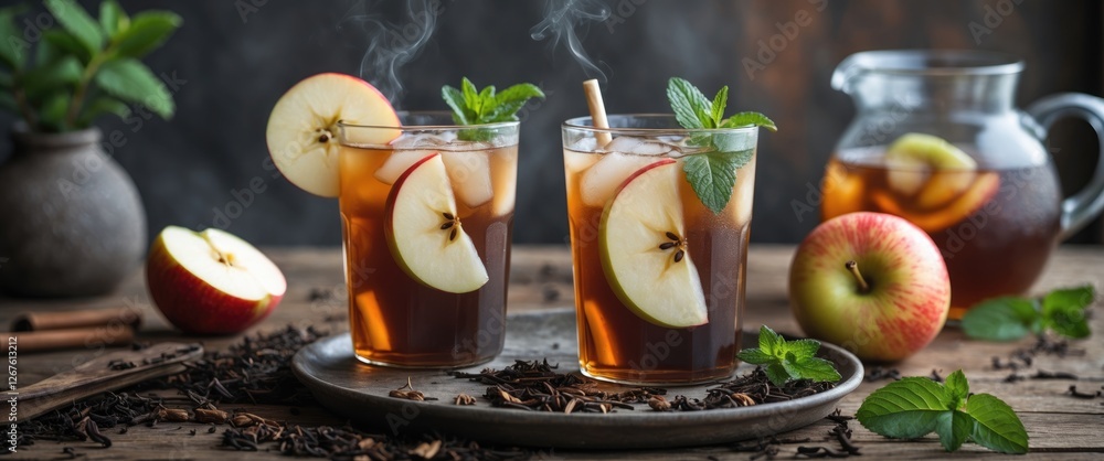 Poster refreshing iced tea with apple slices and mint garnish on rustic wooden table black tea leaves in fo