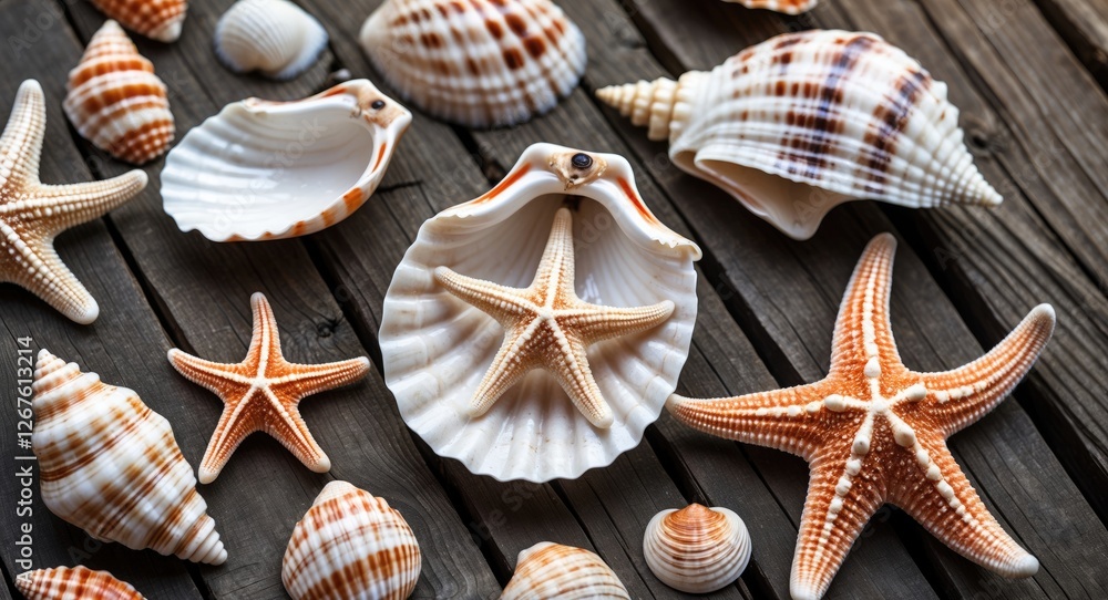 Poster marine life composition featuring assorted seashells and starfish arranged on wooden planks with spa