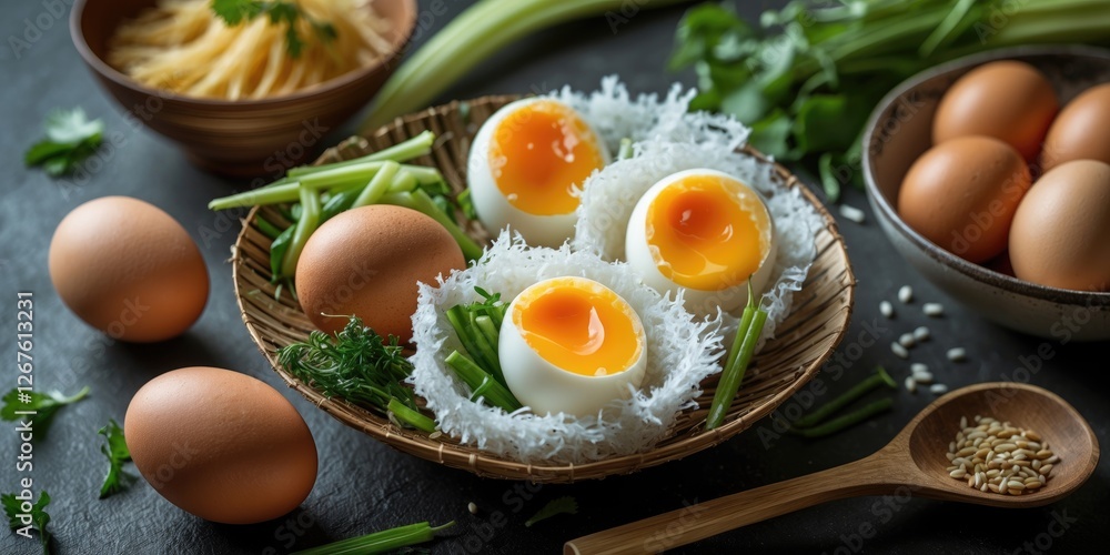 Poster delicious quail eggs served on rice paper with fresh vegetables and greens on a rustic table with em