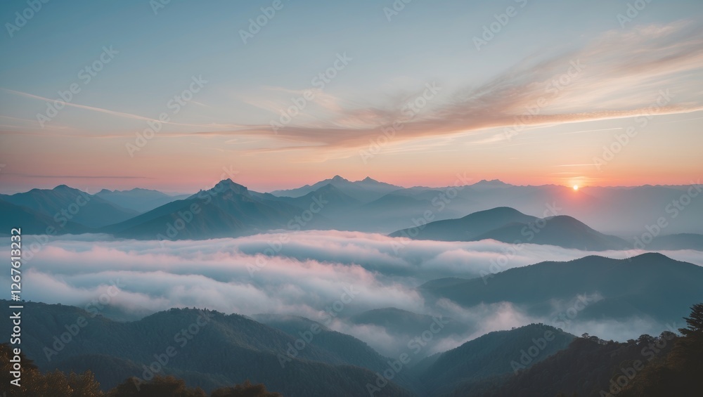 Aufkleber serene mountain landscape at sunset with layers of mist and empty sky for text placement