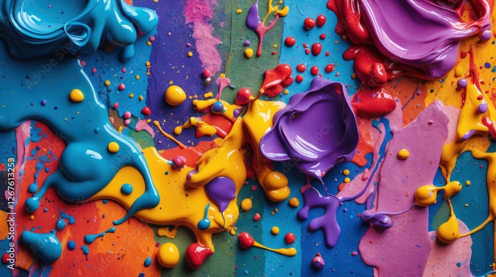 Poster vibrant abstract paint splatter showcasing a lively mix of colors on a textured surface creating an 