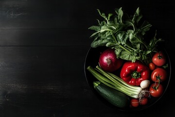 Fresh vegetables on dark rustic kitchen table