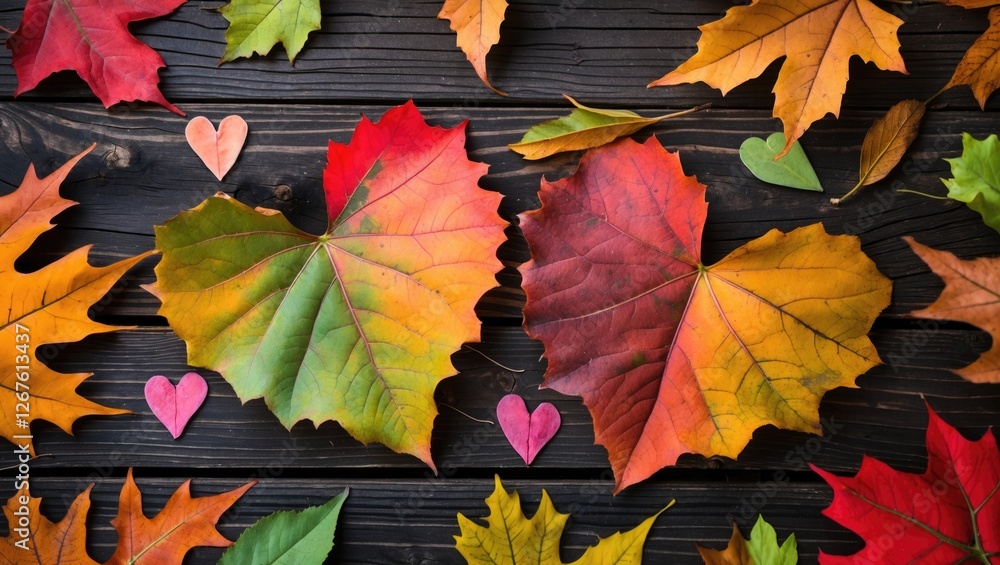 Poster colorful autumn leaves arranged with heart shapes on a rustic wooden background creating a warm and 