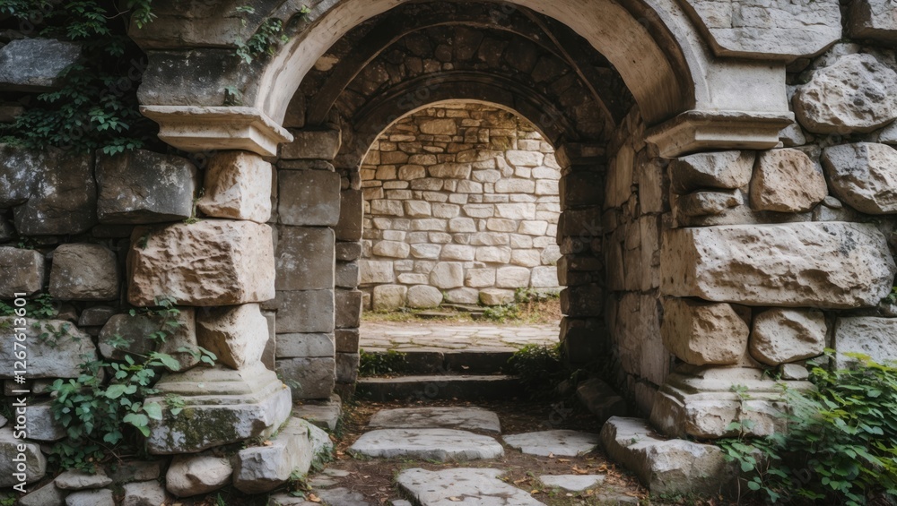 Poster ancient stone archway with lush greenery creating a rustic backdrop for design and architectural the