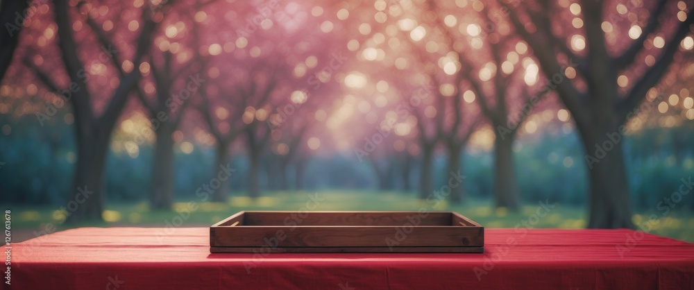 Poster empty wooden tray on red tablecloth with bokeh trees background ideal for food and product display m