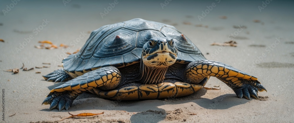 Poster hammock placed on a turtle's back with a serene beach backdrop and ample space for text integration 