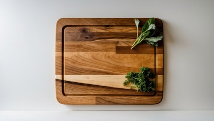 Elegant wooden cutting board with fresh greens isolated on clean white background for culinary and kitchen design concepts.