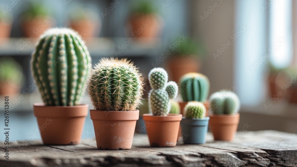 Poster miniature cacti in decorative pots with blurred background and space for text ideal for home decor a