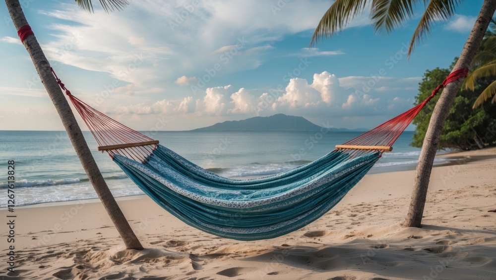 Fototapete cozy hammock draped between palm trees on a tranquil sandy beach with serene ocean view and distant 