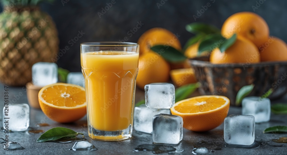 Poster freshly squeezed orange juice with ice cubes surrounded by oranges and leaves on a dark background i
