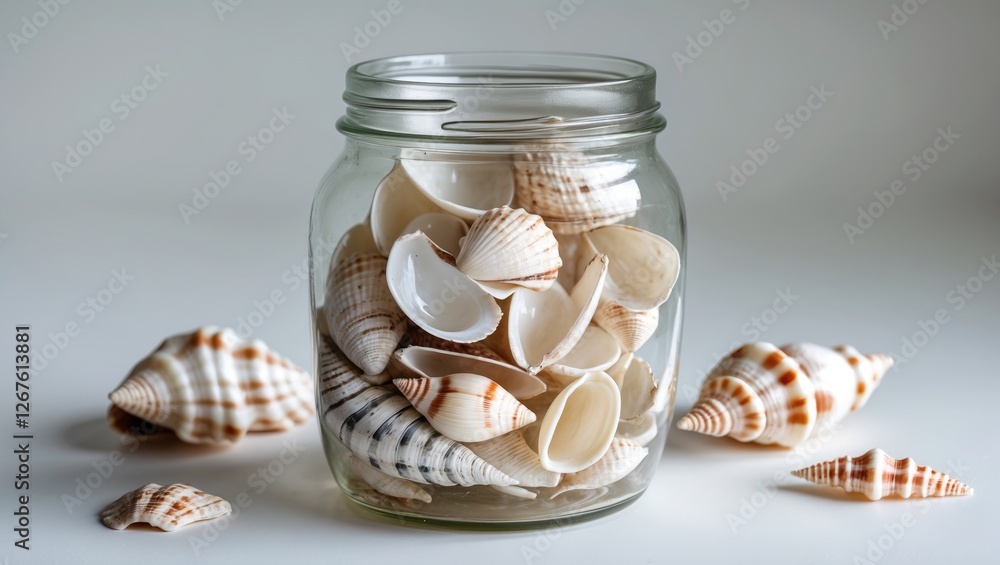 Poster jar containing assorted shells on a white background with additional shells gathered around the jar
