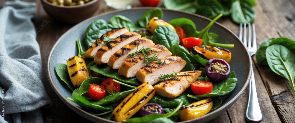 Poster Grilled Chicken Fillet Salad with Spinach and Assorted Vegetables on a Rustic Table Setting.