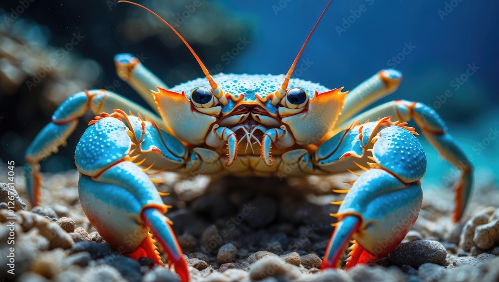 Poster underwater close-up of vibrantly colored maldivian crab with details of shell and environment in sof