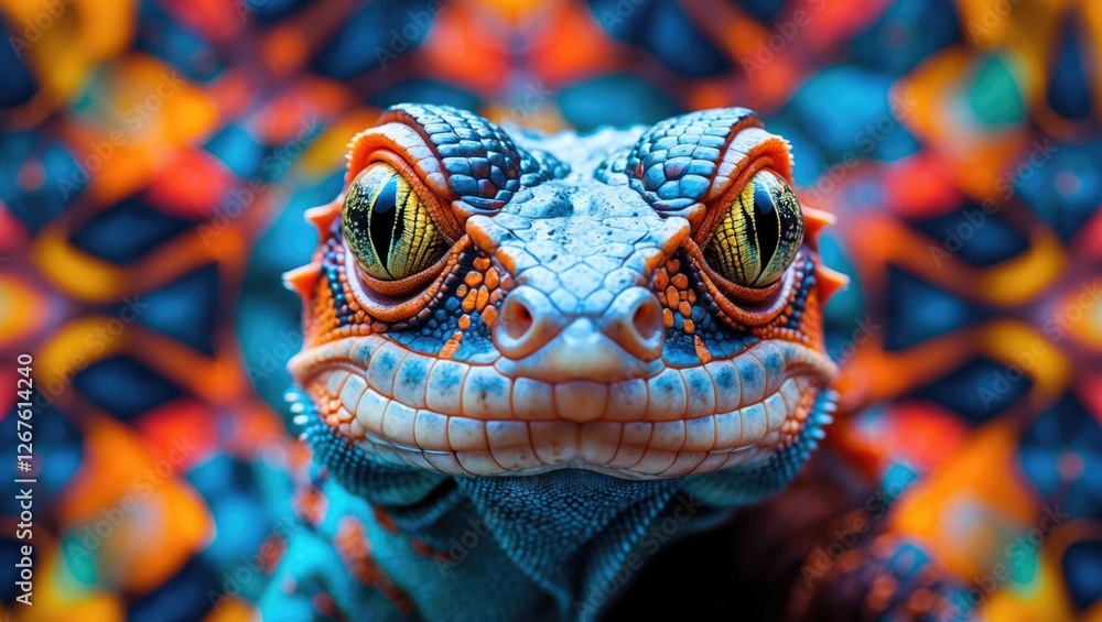 Poster vibrant close-up of a colorful iguana with kaleidoscopic patterns in the background showcasing uniqu