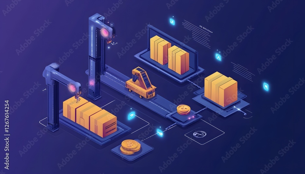 Poster an illustration of an automated conveyor system featuring boxes and coins, representing efficiency a