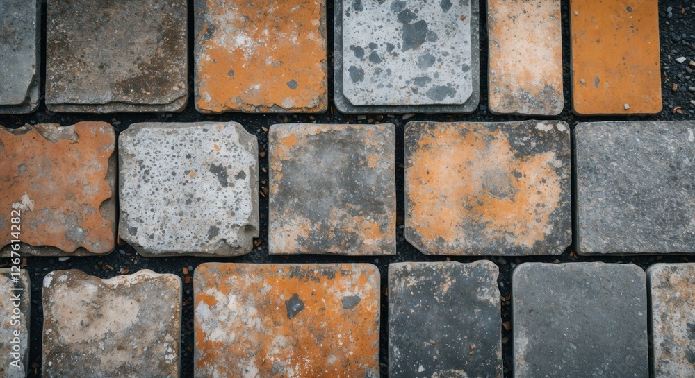 Poster weathered paving slabs and colorful tiles creating a rustic textured background for architectural or