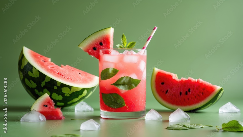 Poster refreshing watermelon mocktail with ice on green background perfect for summer, healthy drink with g