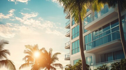 Tropical Condo Sunset Luxury beachfront apartment building at sunset, palm trees framing the scene. Ideal for real estate marketing