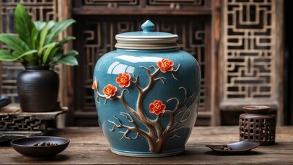 Ceramic decorative jar with floral design showcasing feng shui elements in an elegant wooden setting for home decor and style.