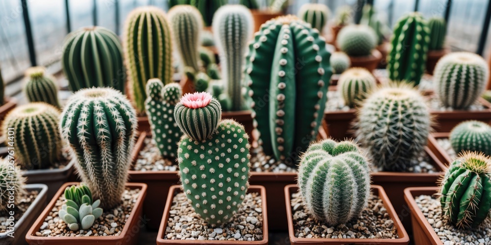 Poster diverse collection of cacti in square ceramic pots showcasing various shapes and sizes inside a gree