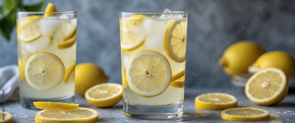 Aufkleber refreshing lemonade served with lemon slices in a glass surrounded by fresh lemons and empty space f