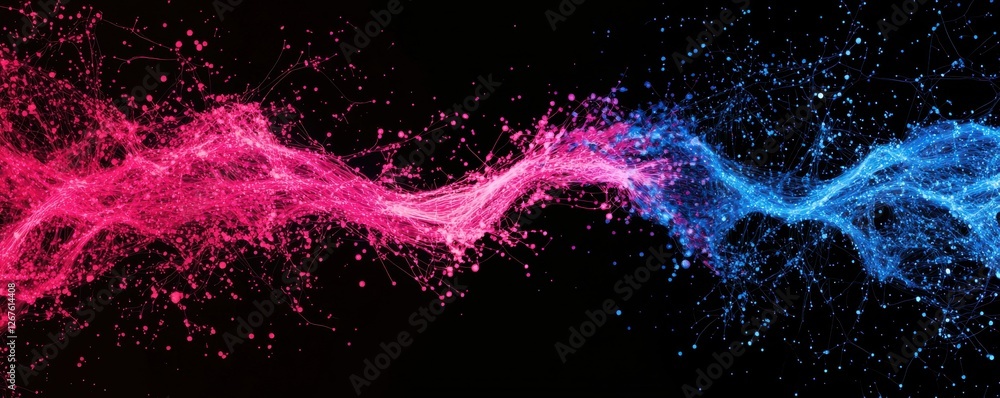 Poster a vibrant splash of pink and blue liquid forms a dynamic wave against a dark background, creating a 