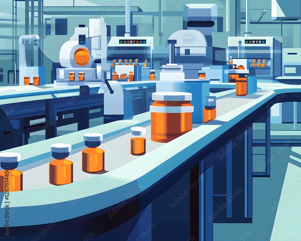 Poster an industrial manufacturing scene featuring an automated conveyor belt filled with jars and bottles,