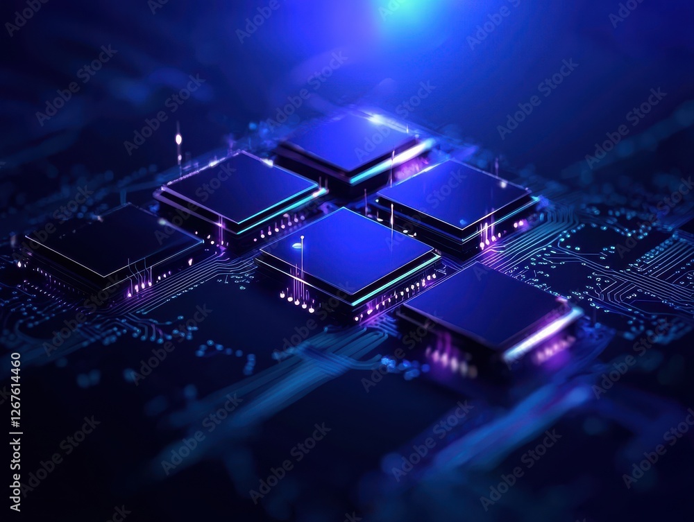 Poster a visually striking close-up of interconnected microchips illuminated by blue and purple light on a 