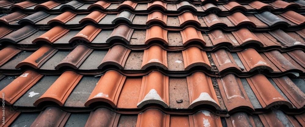 Poster textured close-up of weathered clay tile roof showcasing warm tones and intricate patterns in roofin