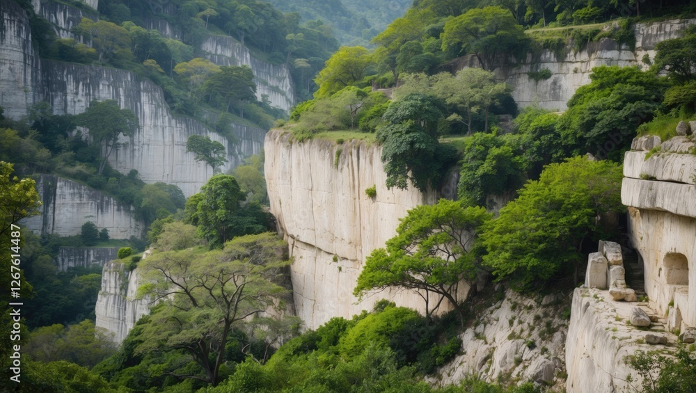 Poster limestone cliffs adorned with lush greenery and trees create a serene natural landscape in a mountai